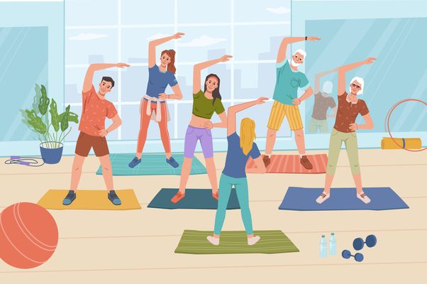 Übungsgruppe Yoga Gymnastik Menschen Watercolour