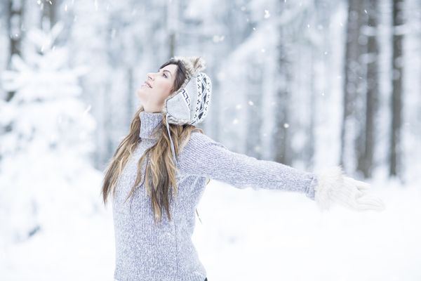 woman snow forest breath power