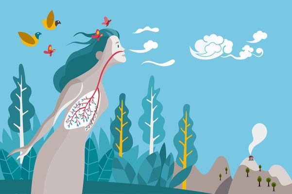 Frau Wald Berge Atem Lungen Illustration