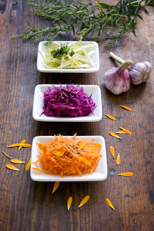Rohkost-Kombination: Mohrrüben, Rotkohl und Chicoree